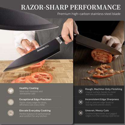 Astercook Knife Set, 15-Piece Kitchen Knives Set with Built-in Sharpener, German Stainless Steel Knife Block Sets with Anti-Rust Coating & PP Ergonomic Handle, Dishwasher Safe Black