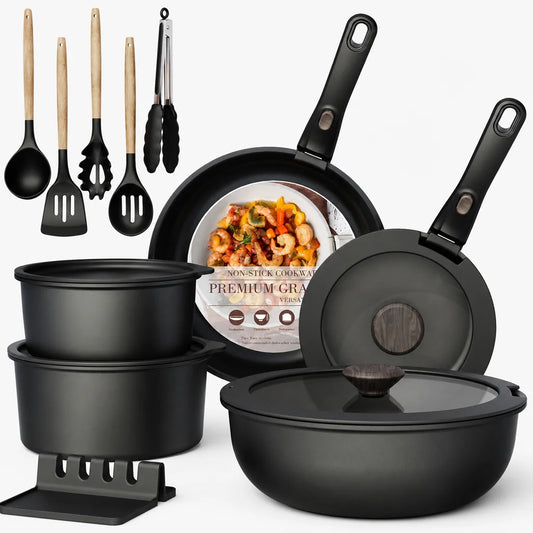 21-Pc Stackable Black Cookware Set