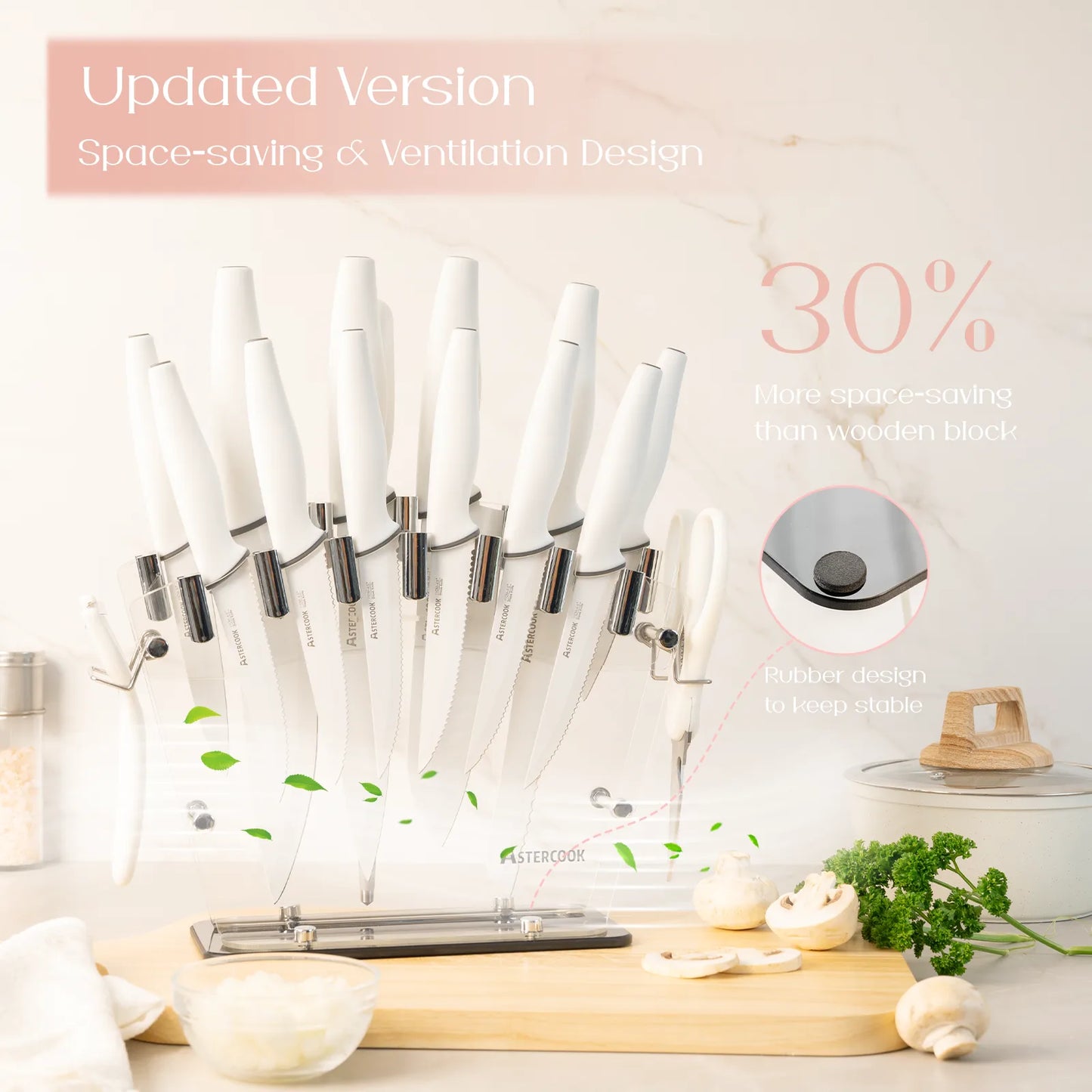 22-Pc Modern Clear Block Knife Set-White