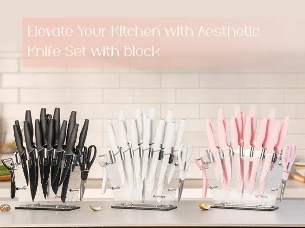 22-Pc Modern Clear Block Knife Set-White