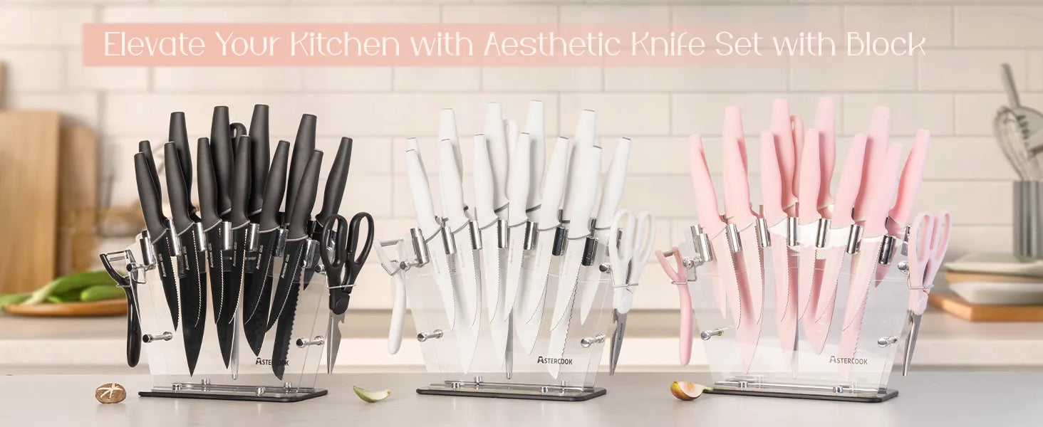22-Pc Modern Clear Block Knife Set-White