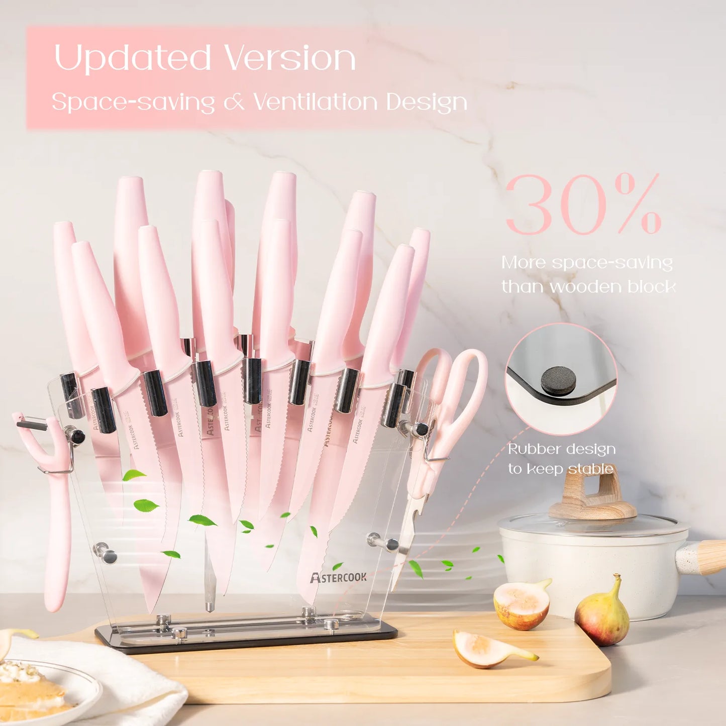 22-Pc Modern Clear Block Knife Set-Pink
