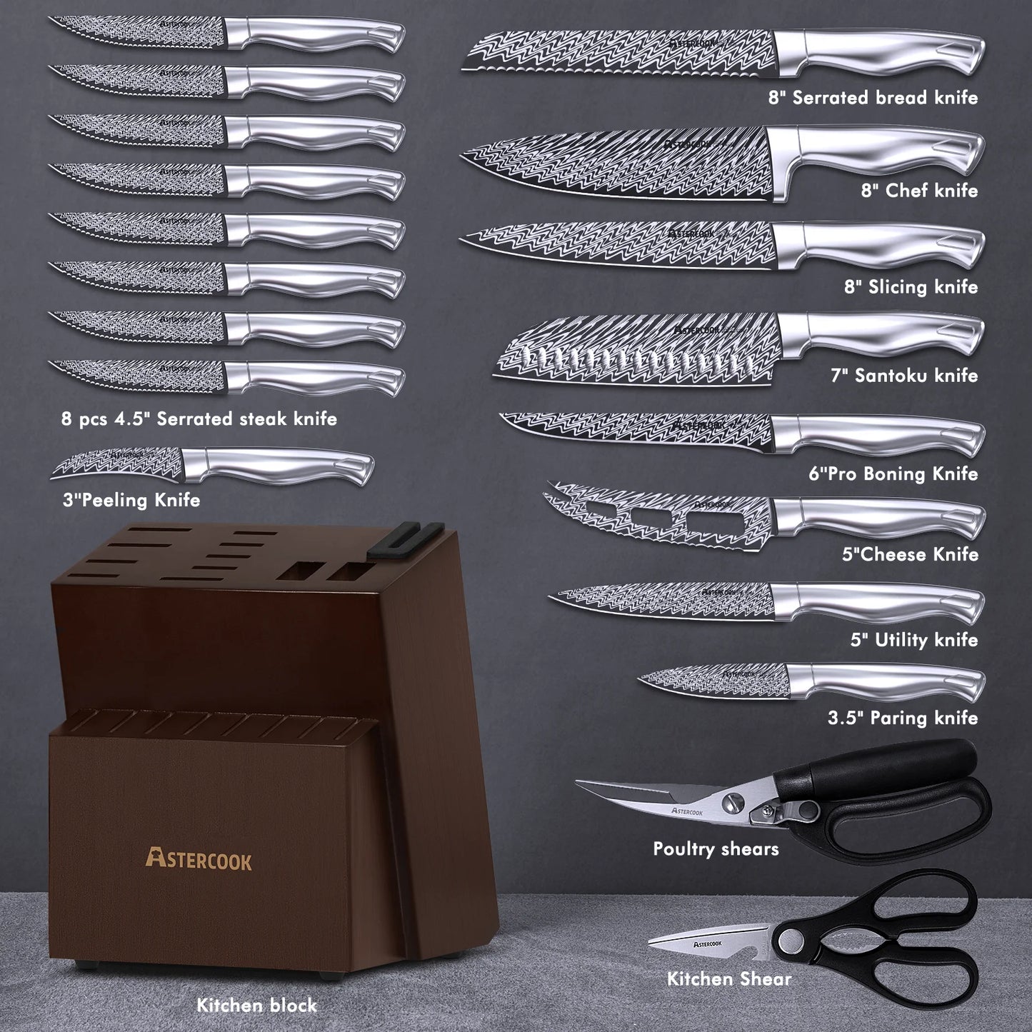 21-Piece Full Tang Knife Set - Silver