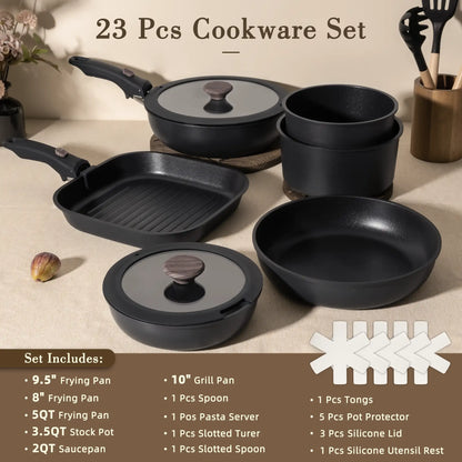23-Piece Ceramic Pots and Pans Set Non Stick Detachable Handle -Black