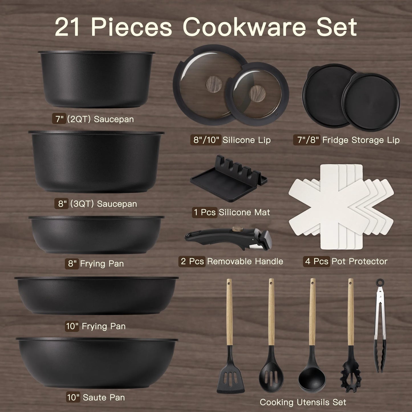 21-Pc Stackable Black Cookware Set