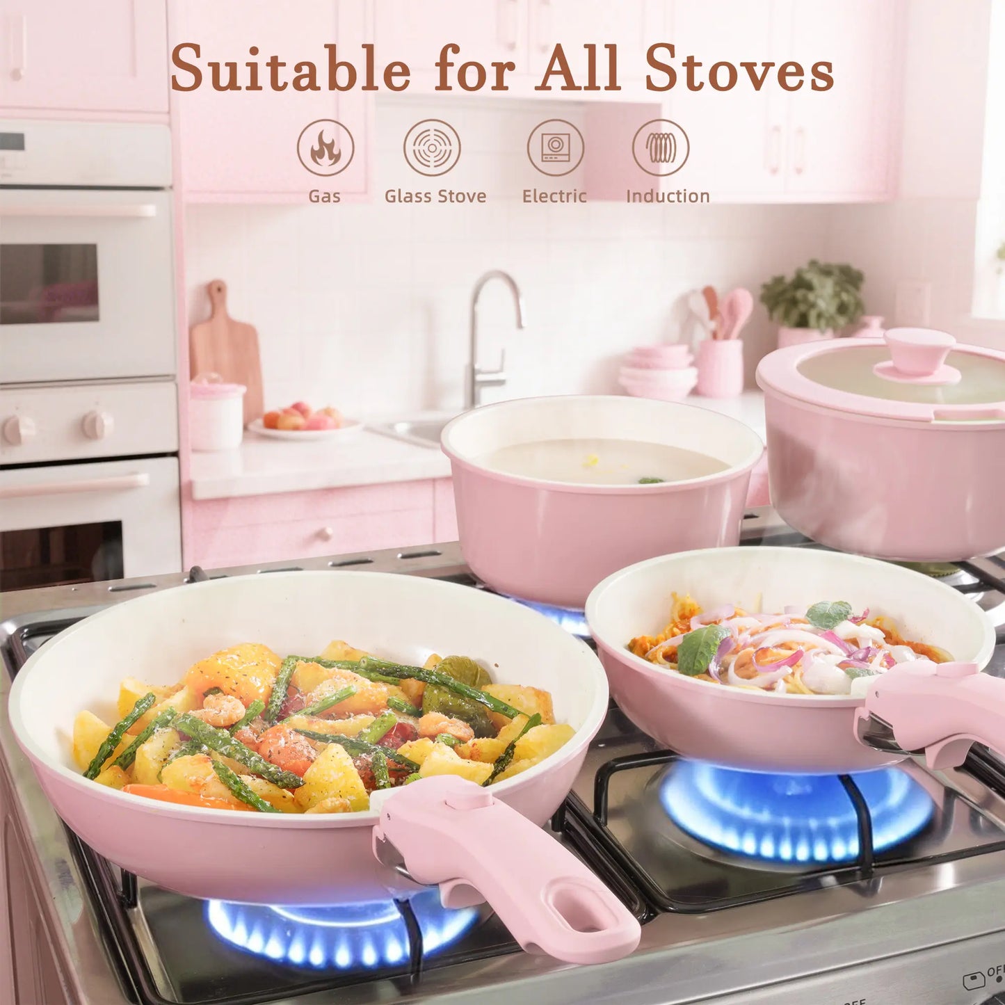 Astercook 22 Piece Pots and Pans Set Non Stick, Cookware Set with Detachable Handles, Induction Compatible & Oven Safe, Stackable Space-Saving Kitchen Cooking Set for RV, Camping & Home, Pink