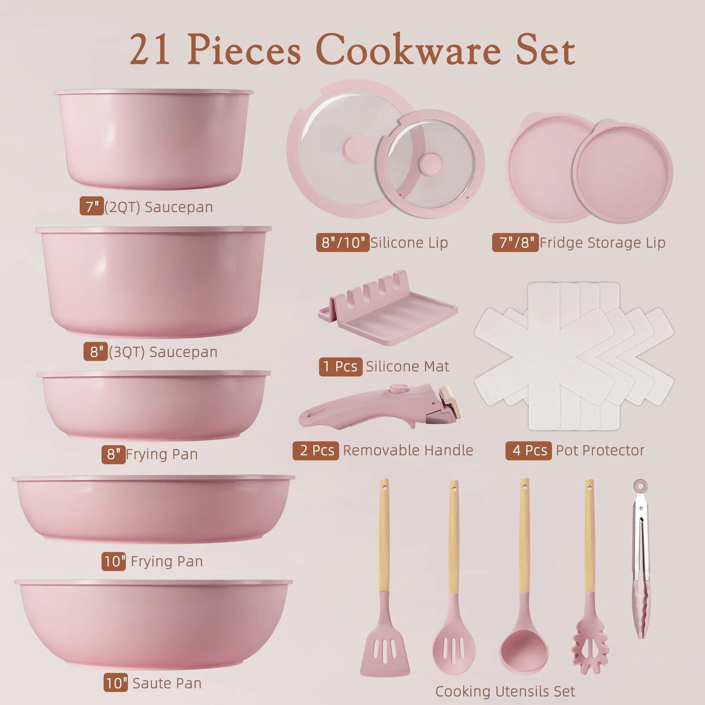 21-Pc Detachable Pink Cookware Set
