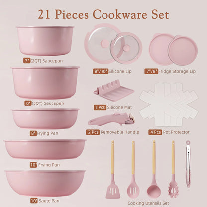 21-Pc Detachable Pink Cookware Set