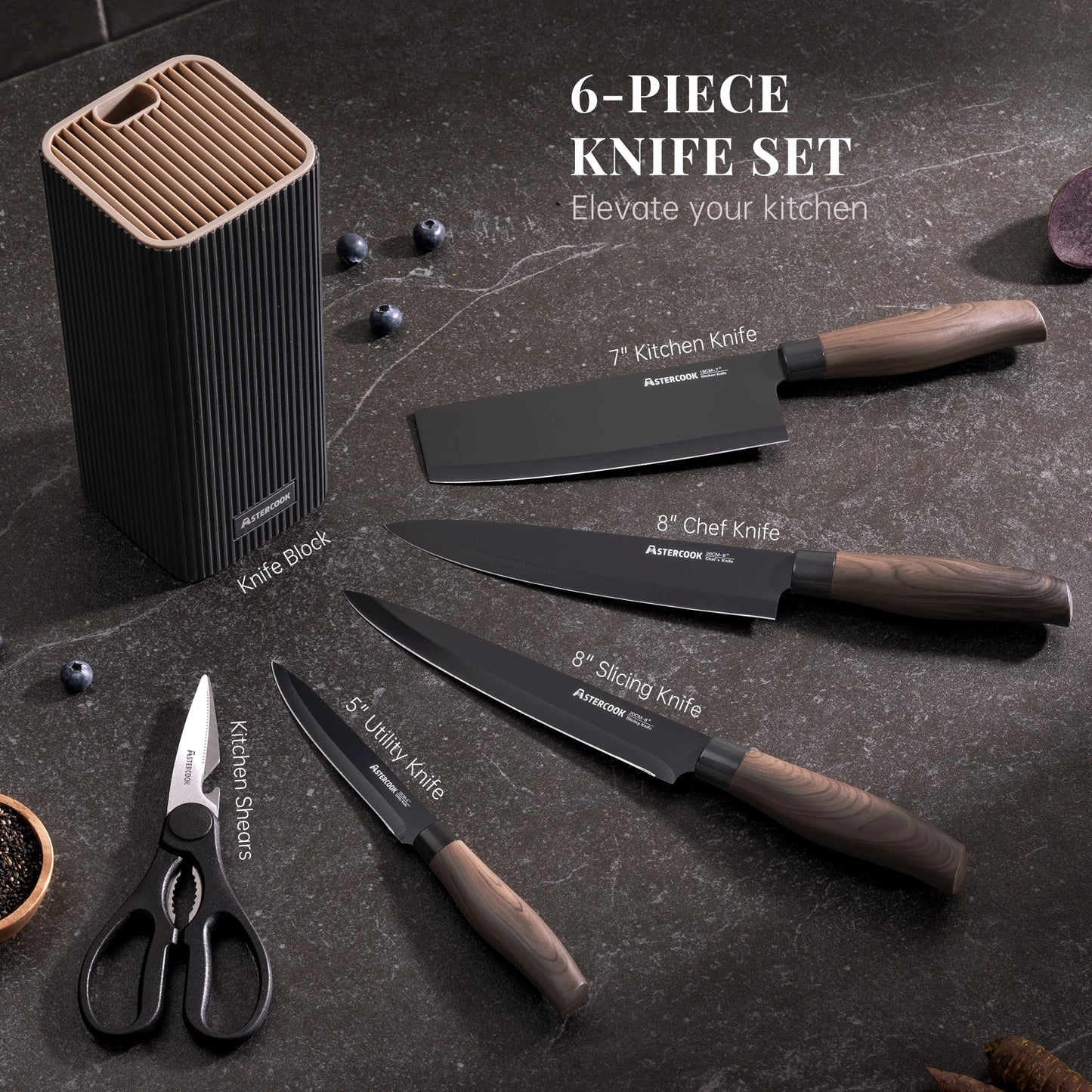 6-Piece Knife Block Set - Wood Grain-Black