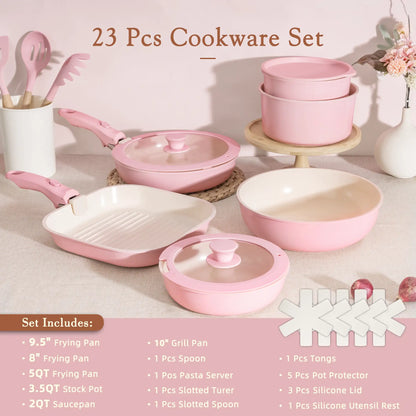 23-Piece Ceramic Pots and Pans Set Non Stick Detachable Handle -Pink