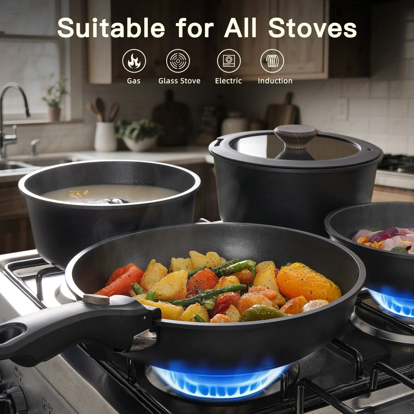 Astercook 22 Piece Pots and Pans Set Non Stick, Cookware Set with Detachable Handles, Induction Compatible & Oven Safe, Stackable Space-Saving Kitchen Cooking Set for RV, Camping & Home, Black