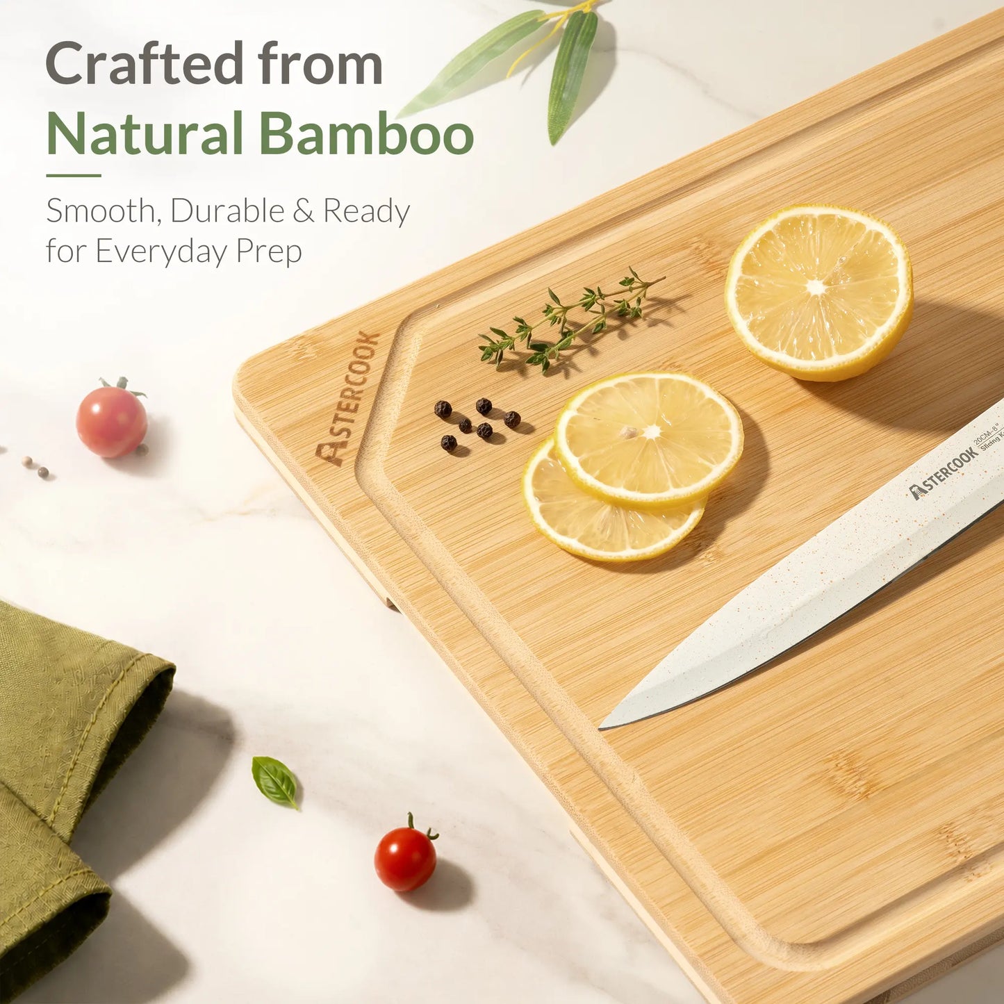 Astercook Bamboo Cutting Board for Kitchen, Large Natural Wood Chopping Board with Juice Groove and Built-in Handles, Knife-Friendly Charcuterie Board for Meat, Vegetables, Fruit and Cheese 12" x 17"