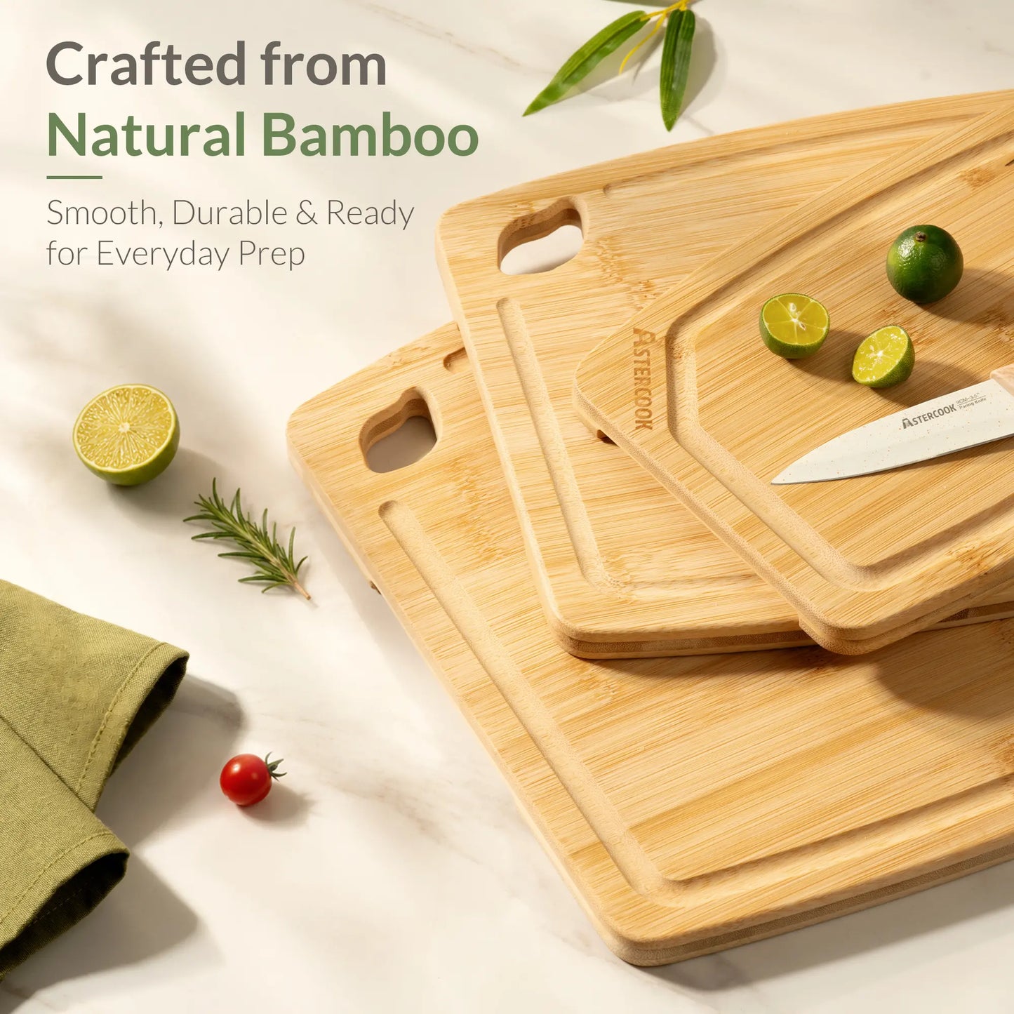 Astercook 4-Piece Bamboo Cutting Board Set with Holder, Natural Wood Cutting Boards with Juice Grooves and Easy-Grip Handles, Kitchen Chopping Boards for Prep and Serving