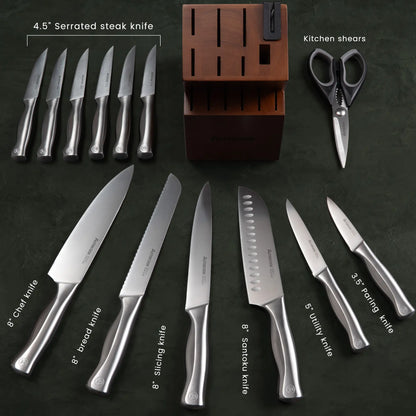 Astercook Knife Set for Kitchen with Block and Sharpener 15pcs Full Tang