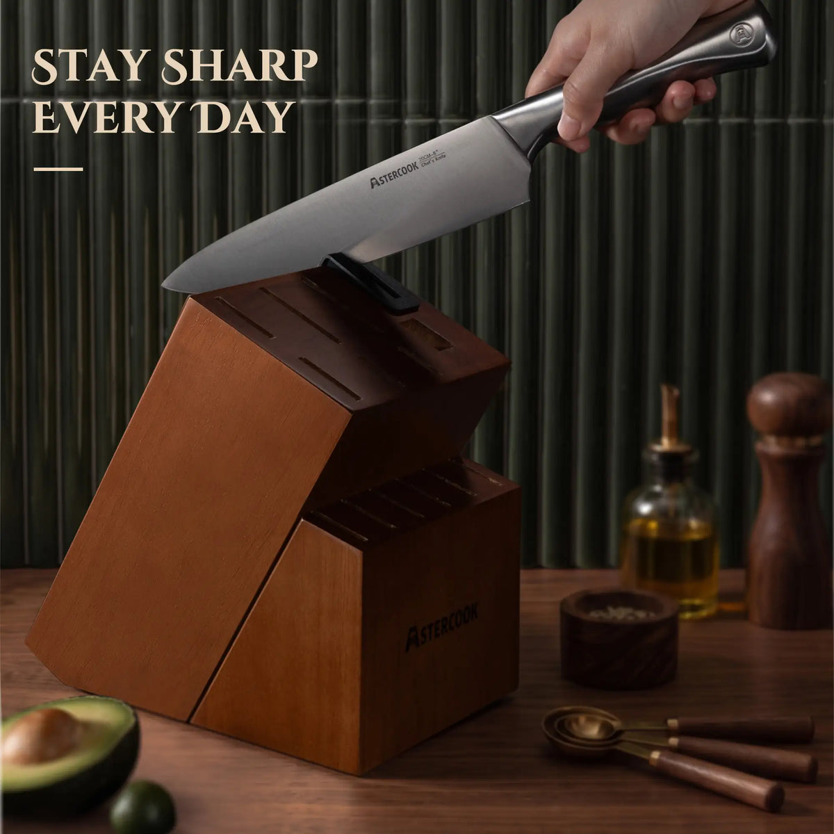 Astercook Knife Set for Kitchen with Block and Sharpener 15pcs Full Tang