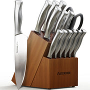AsterCook 15-piece kitchen knife set with hardwood block and built-in sharpener, Walnut Brown