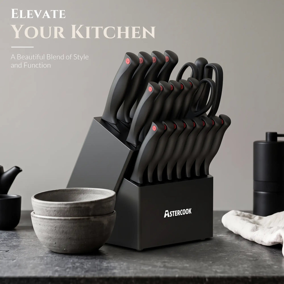 Astercook Knife Set for Kitchen with Block and Sharpener 21pcs