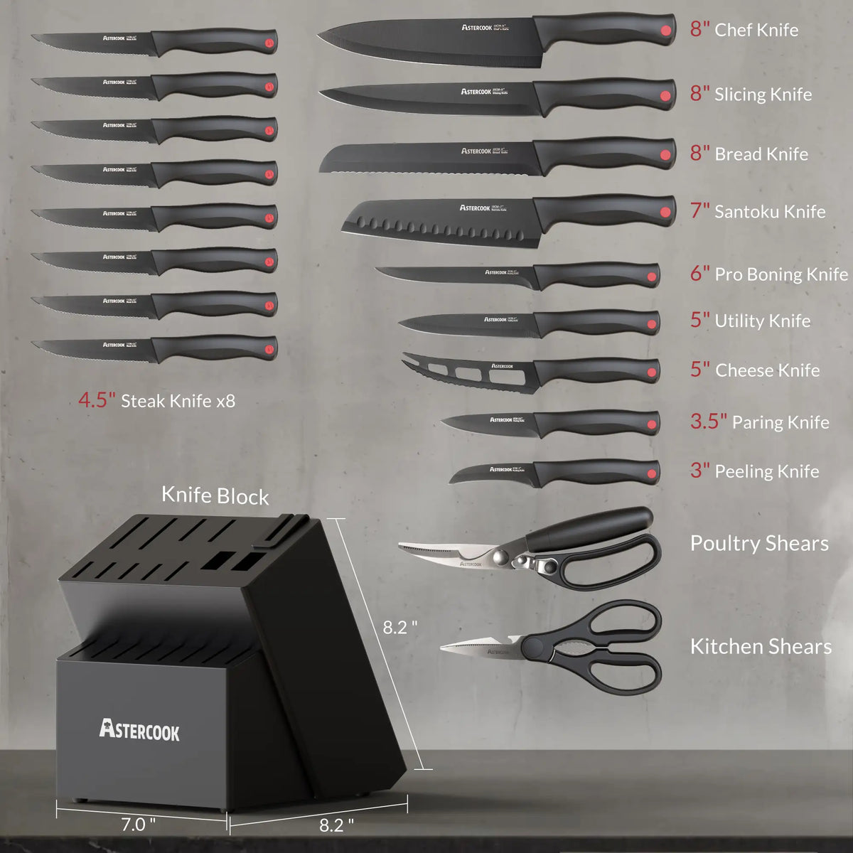 Astercook Knife Set for Kitchen with Block and Sharpener 21pcs
