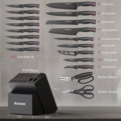 Astercook Knife Set for Kitchen with Block and Sharpener 21pcs