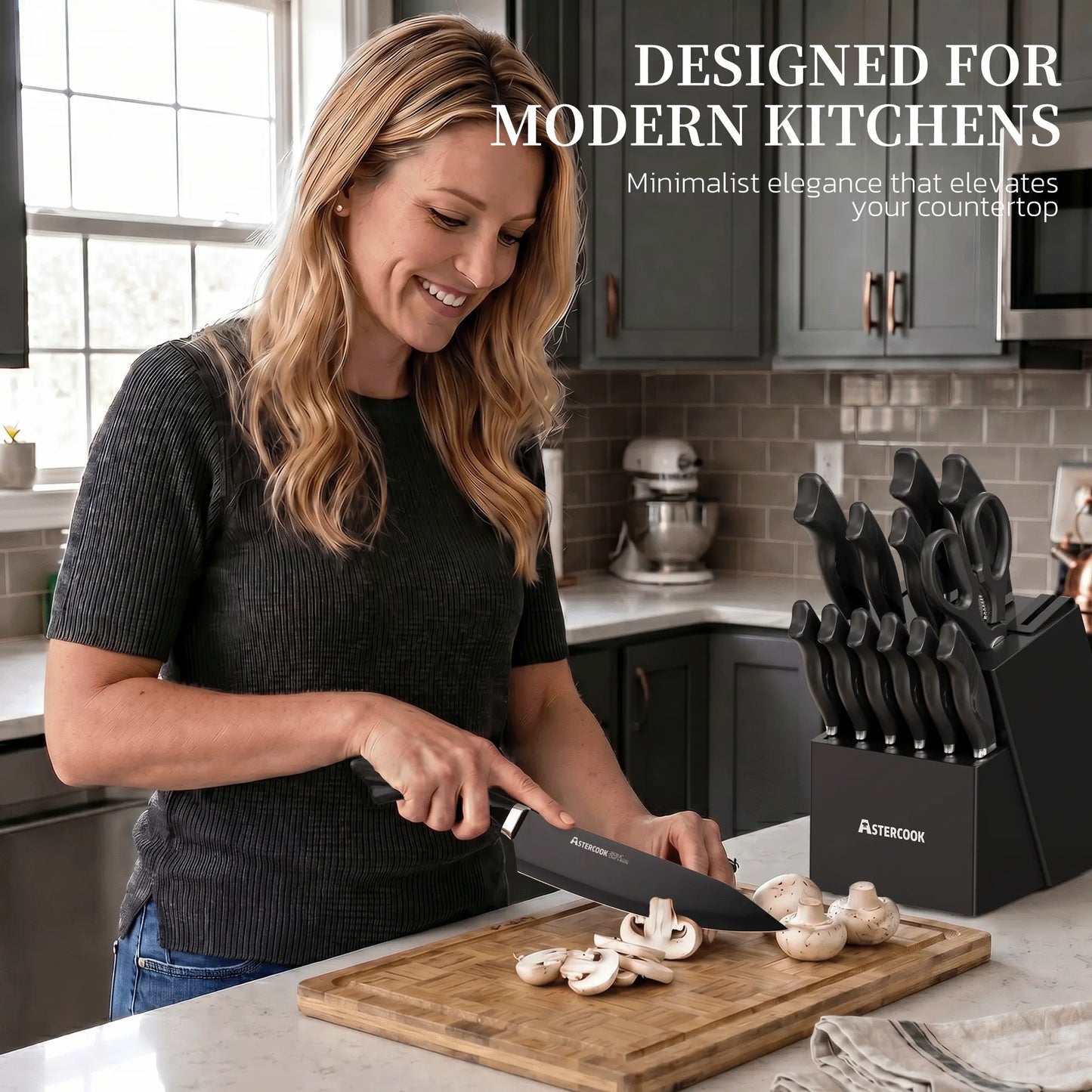 Astercook Knife Set, 15-Piece Kitchen Knives Set with Built-in Sharpener, German Stainless Steel Knife Block Sets with Anti-Rust Coating & PP Ergonomic Handle, Dishwasher Safe Black