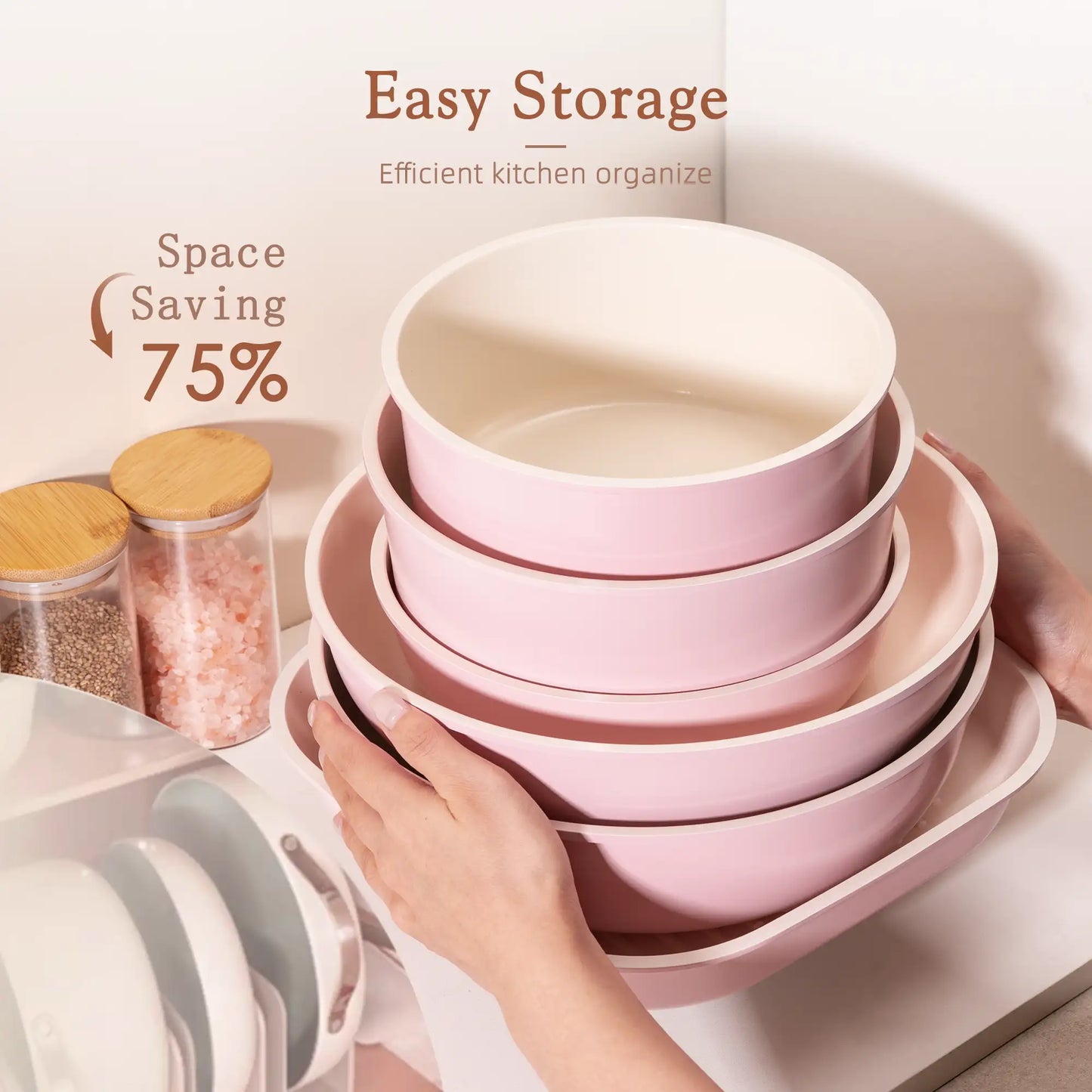 23-Piece Ceramic Pots and Pans Set Non Stick Detachable Handle -Pink