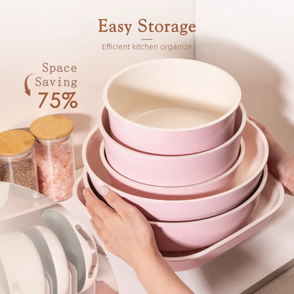 23-Piece Ceramic Pots and Pans Set Non Stick Detachable Handle -Pink