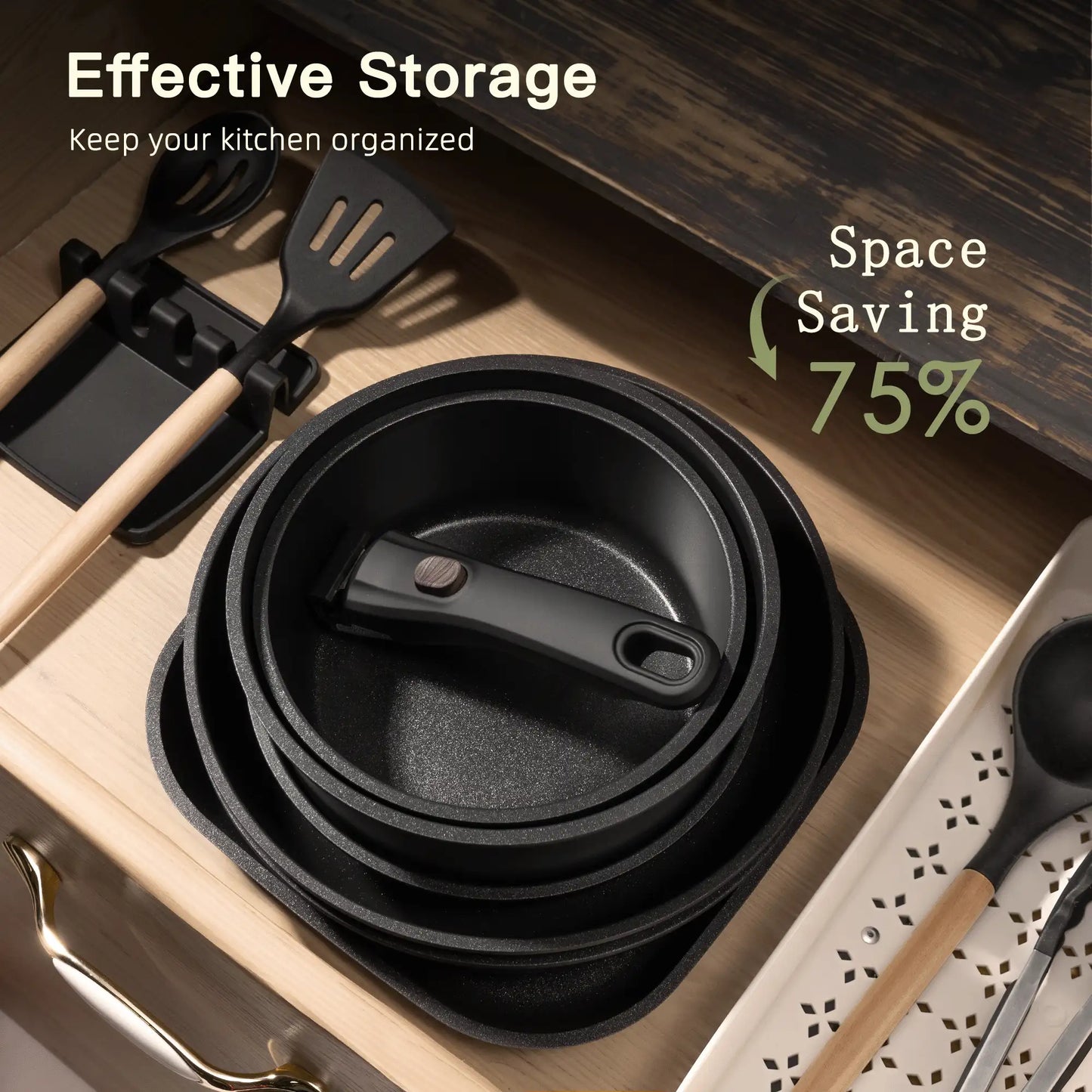 23-Piece Ceramic Pots and Pans Set Non Stick Detachable Handle -Black