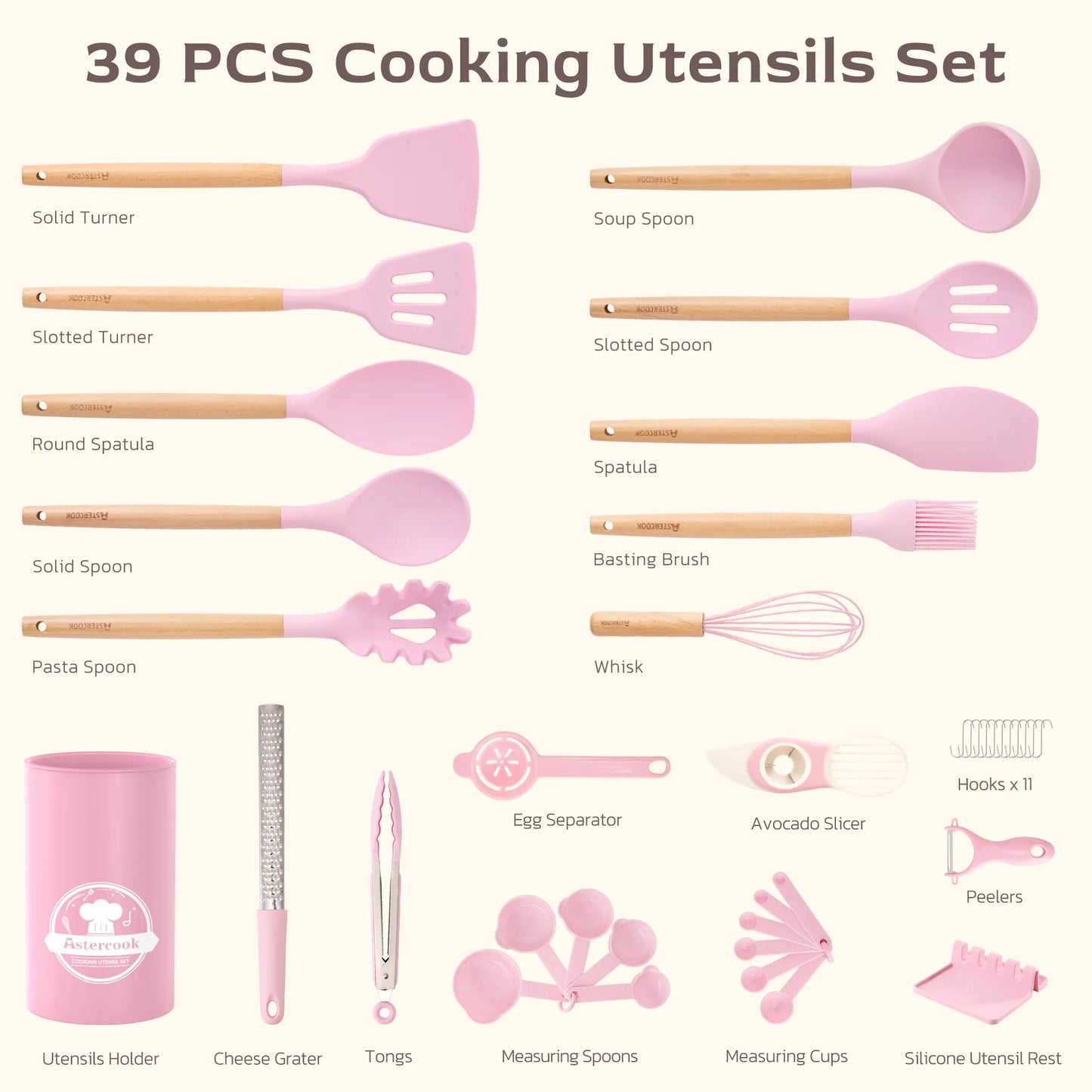 39-Piece Silicone Utensil Collection-Pink