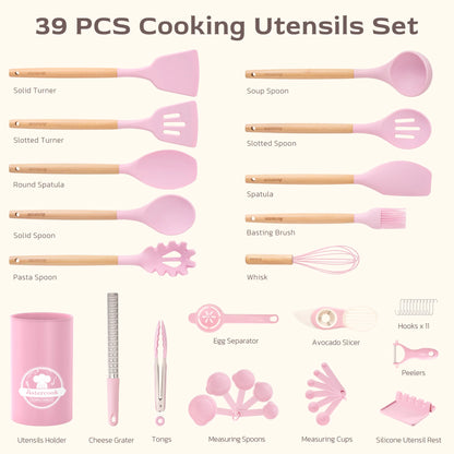 39-Piece Silicone Utensil Collection-Pink