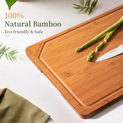 Astercook Deep Carbonized Bamboo Cutting Board, 12" x 17" Large Wood Chopping Board for Kitchen with Juice Groove & Side Handles, Knife-Friendly Serving Charcuterie Board for Meat, Vegetables, Fruit