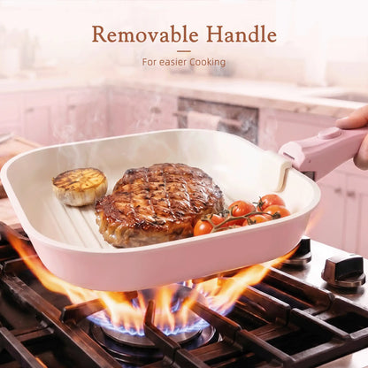 23-Piece Ceramic Pots and Pans Set Non Stick Detachable Handle -Pink