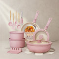 21-Piece Ceramic Pots and Pans Set Non Stick Detachable Handle -Pink