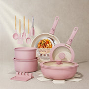 21-Piece Ceramic Pots and Pans Set Non Stick Detachable Handle -Pink