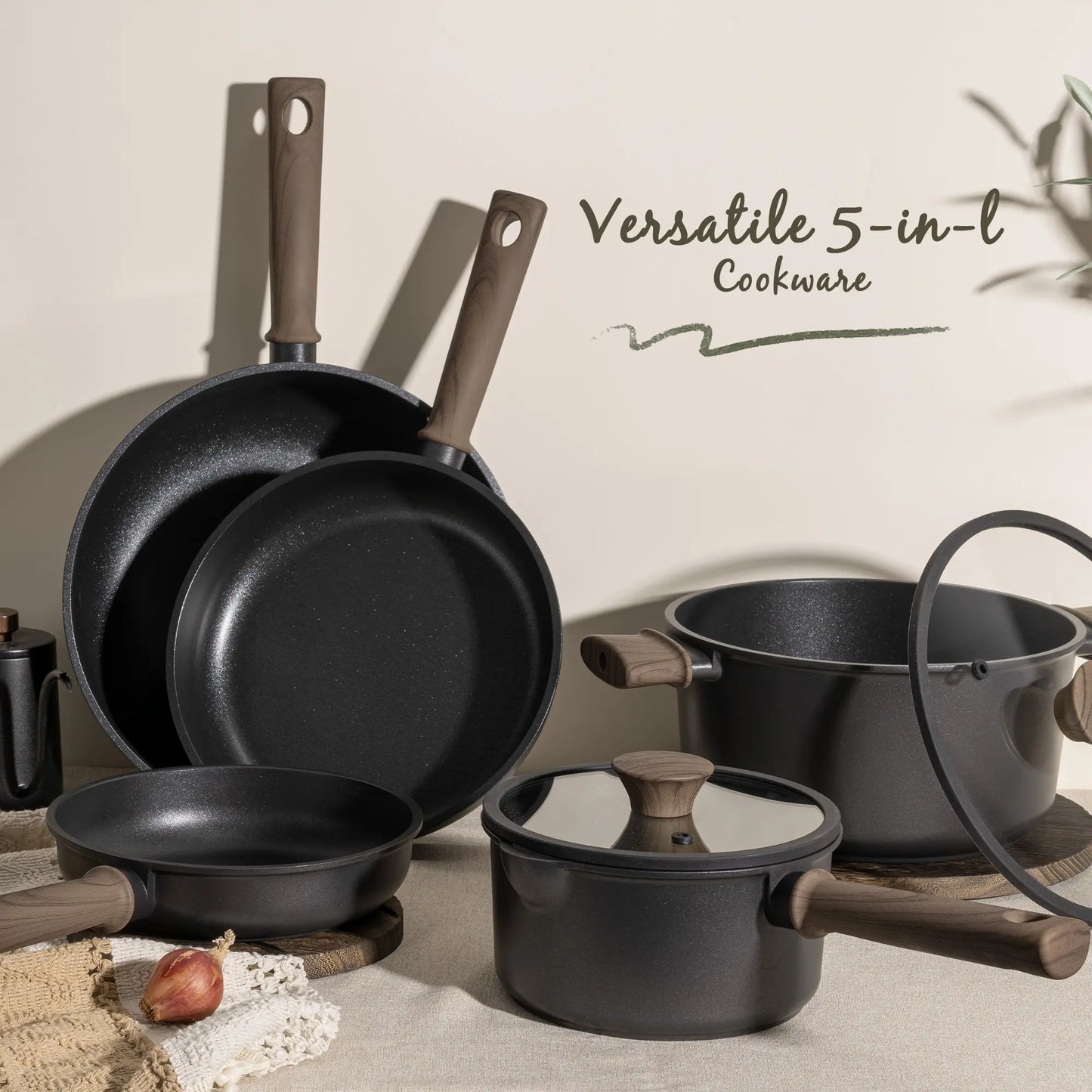 Astercook 18-Piece Pots and Pans Set, Black Titanium Induction Nonstick Cookware Set, Oven Safe to 480°F, Induction Compatible & Dishwasher Safe, Kitchen Cooking Set for RV Trips, Camping and Picnic