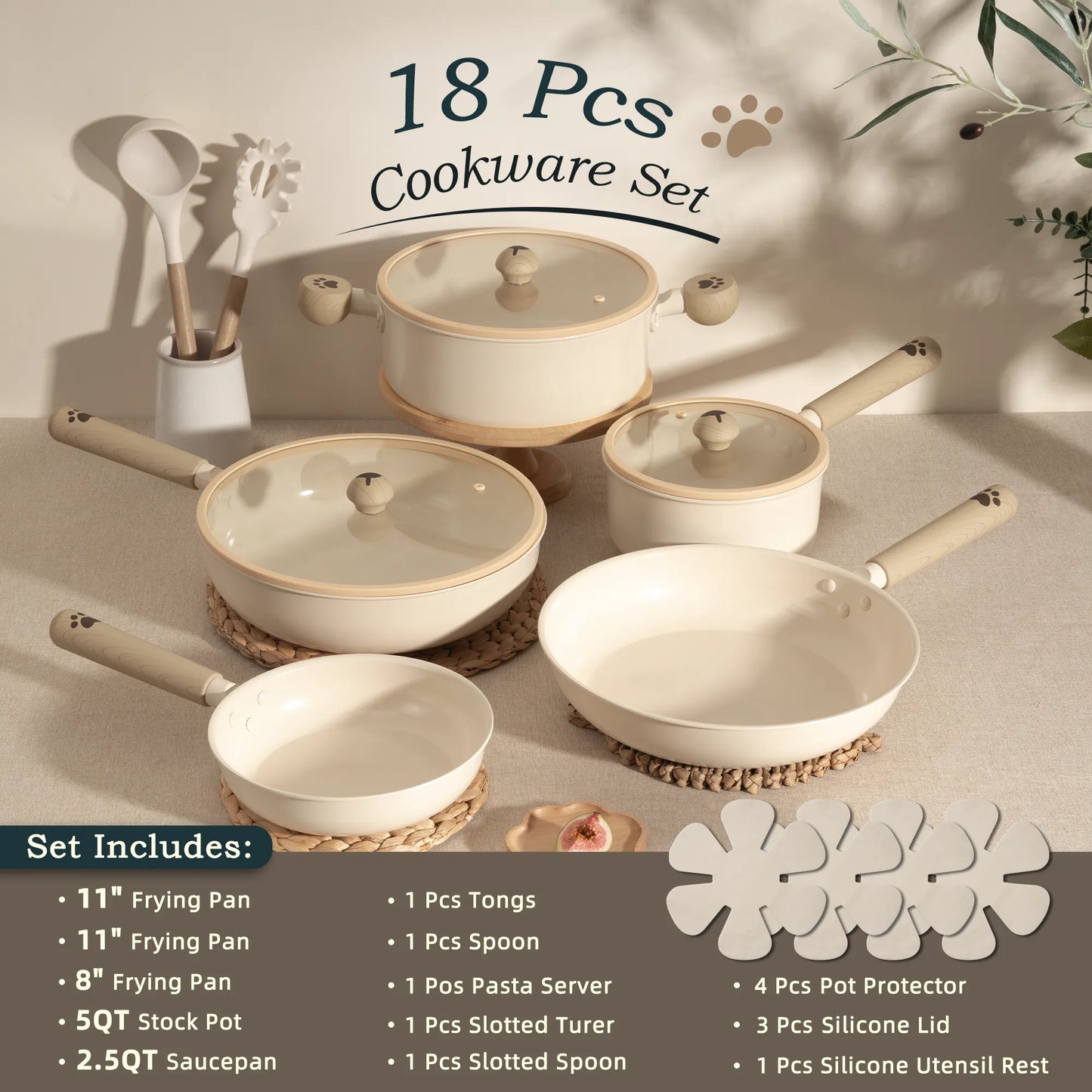 18-Piece Ceramic Cookware Set – Dog Paw Handle