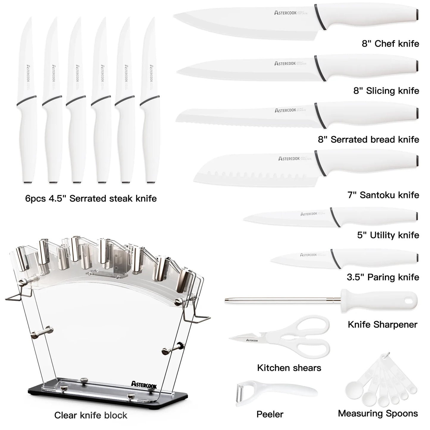 22-Pc Modern Clear Block Knife Set-White