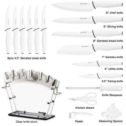 22-Pc Modern Clear Block Knife Set-White
