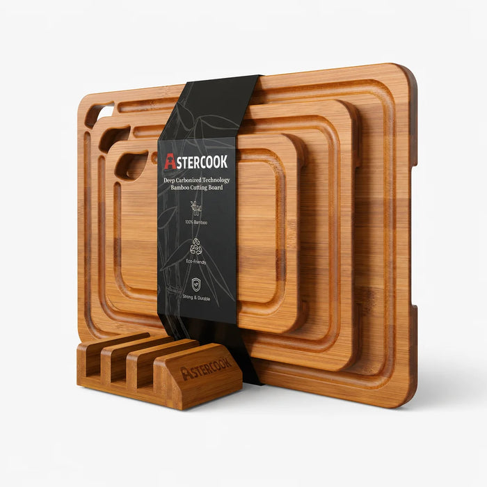 Astercook 4-Piece Carbonized Bamboo Cutting Board Set with Holder
