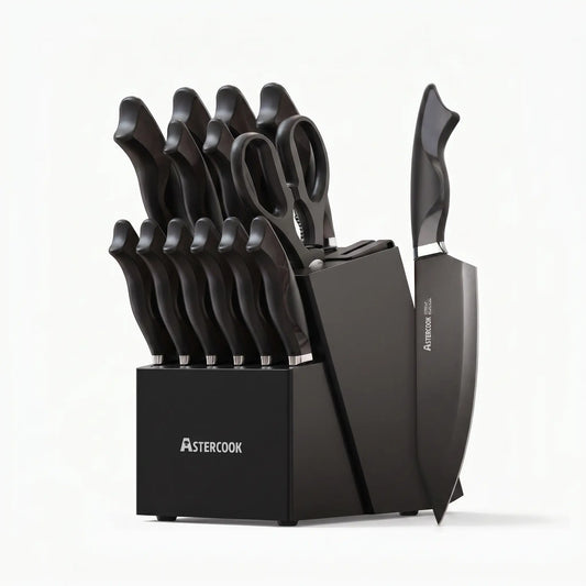 Astercook Knife Set, 15-Piece Kitchen Knives Set with Built-in Sharpener, German Stainless Steel Knife Block Sets with Anti-Rust Coating & PP Ergonomic Handle, Dishwasher Safe Black