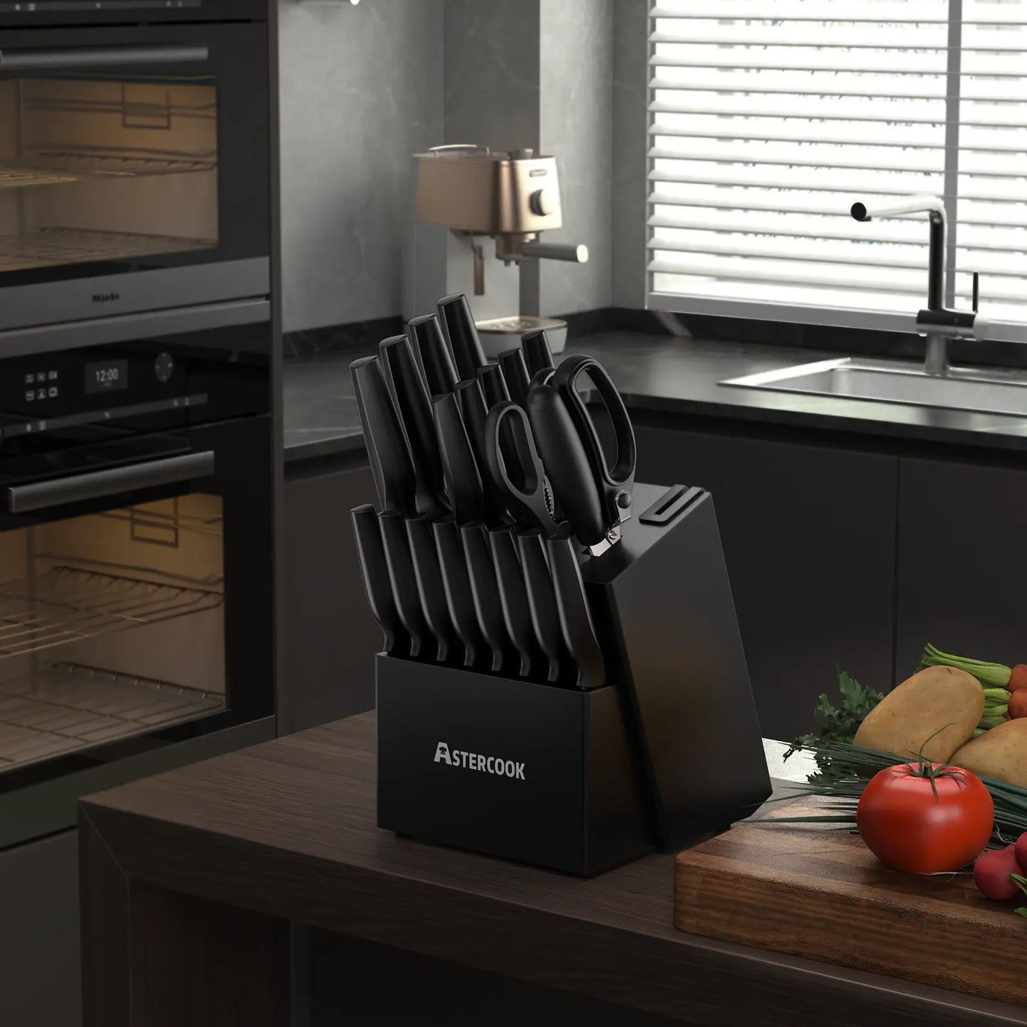 21-Pc Black Knife Set with Built-in Sharpener German Stainless Steel
