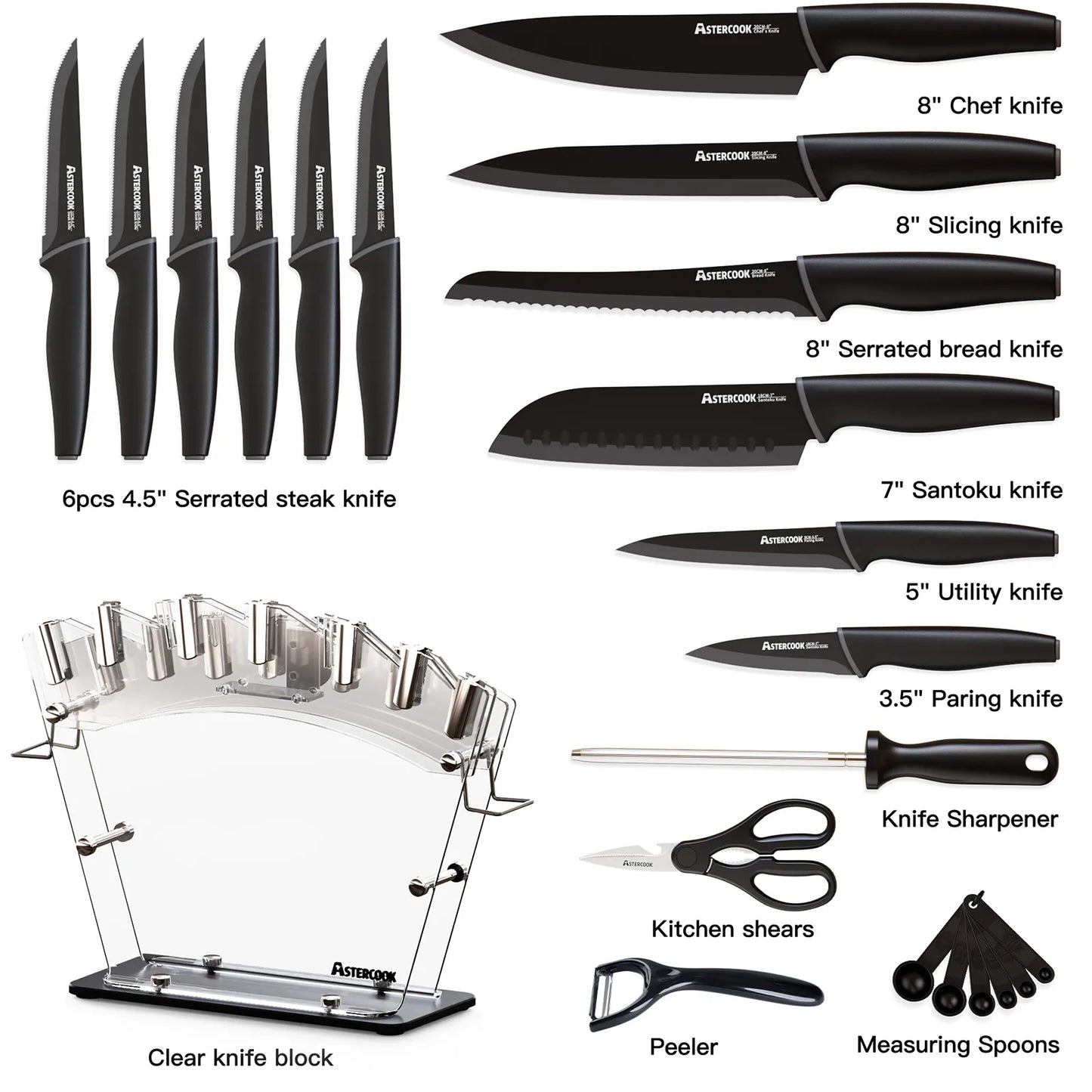 22-Pc Modern Clear Block Knife Set-Blcak