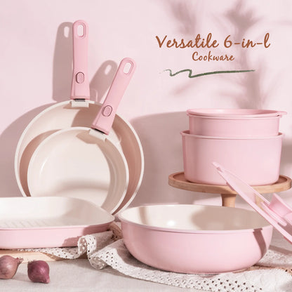 Astercook 22 Piece Pots and Pans Set Non Stick, Cookware Set with Detachable Handles, Induction Compatible & Oven Safe, Stackable Space-Saving Kitchen Cooking Set for RV, Camping & Home, Pink