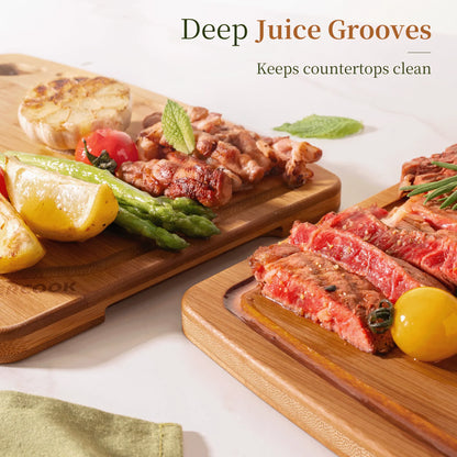 Astercook 4-Piece Bamboo Cutting Board Set with Holder, Deep Carbonized Wood Chopping Boards for Kitchen with Juice Groove and Handles, Knife-Friendly Charcuterie Boards for Meal Prep and Serving