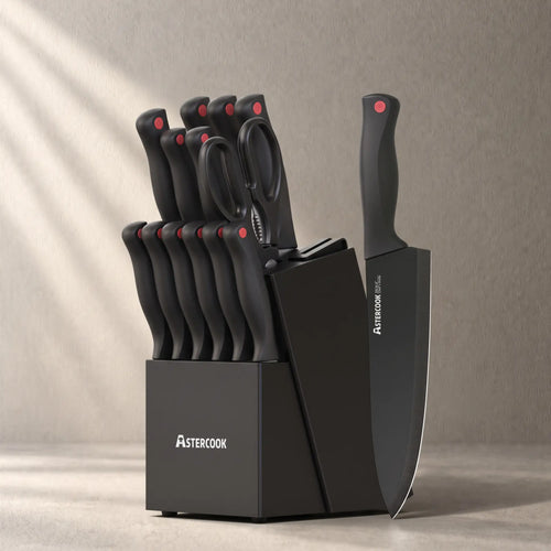 Astercook Knife Set for Kitchen with Block and Sharpener 15pcs German