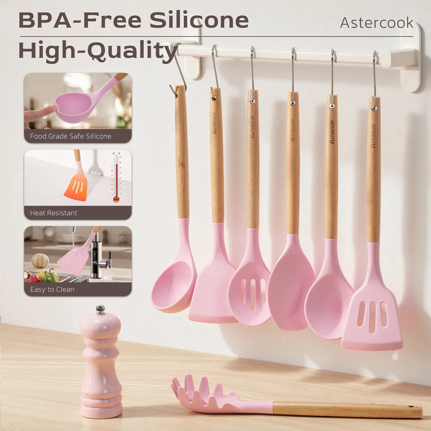 39-Piece Silicone Utensil Collection-Pink