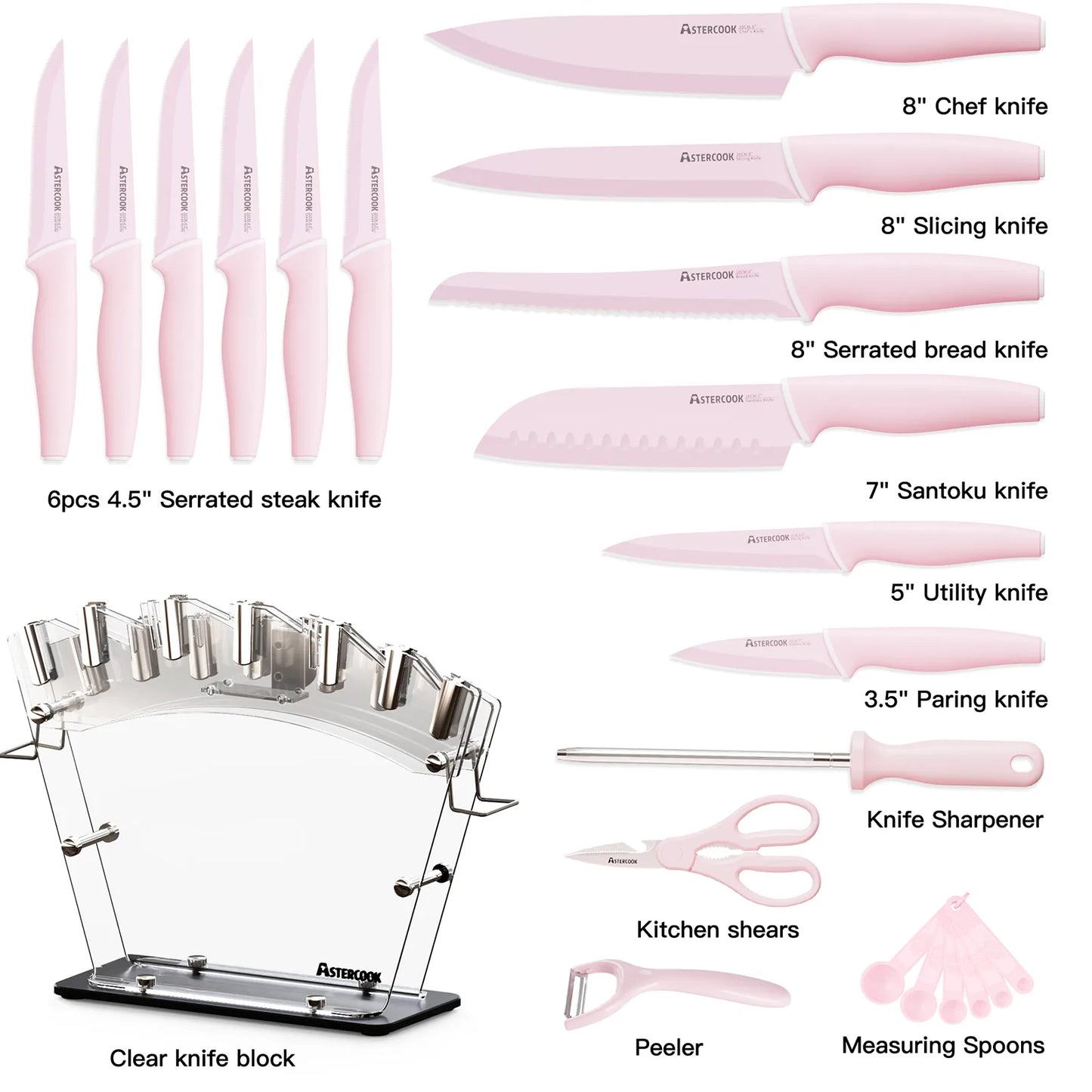 22-Pc Modern Clear Block Knife Set-Pink