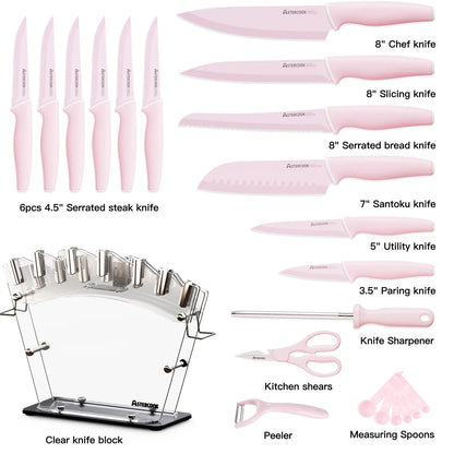 22-Pc Modern Clear Block Knife Set-Pink