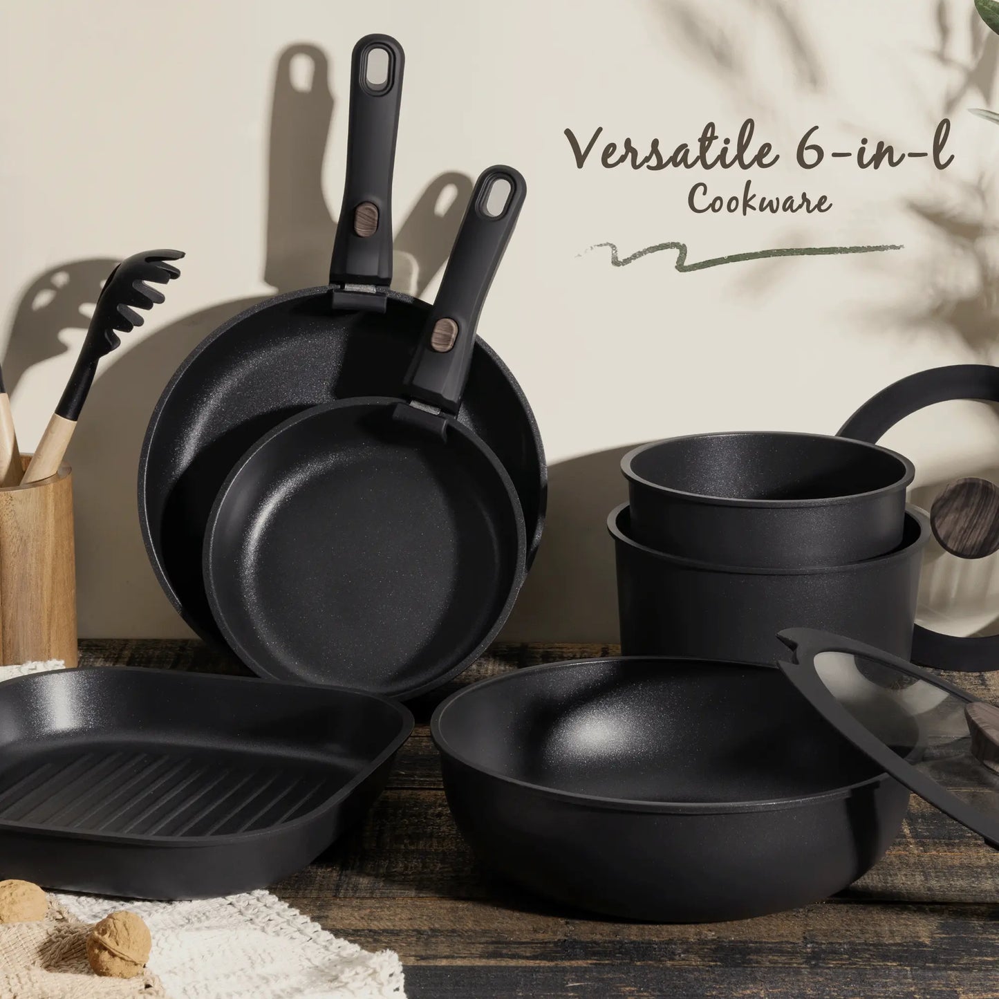 Astercook 22 Piece Pots and Pans Set Non Stick, Cookware Set with Detachable Handles, Induction Compatible & Oven Safe, Stackable Space-Saving Kitchen Cooking Set for RV, Camping & Home, Black
