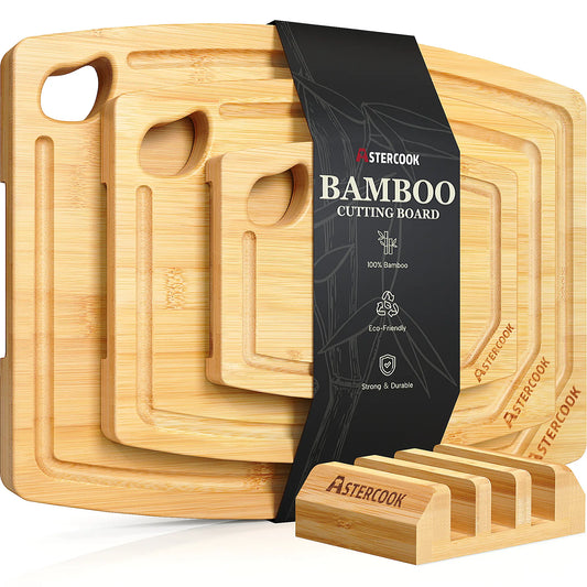 Astercook 4-Piece Bamboo Cutting Board Set with Holder, Natural Wood Cutting Boards with Juice Grooves and Easy-Grip Handles, Kitchen Chopping Boards for Prep and Serving