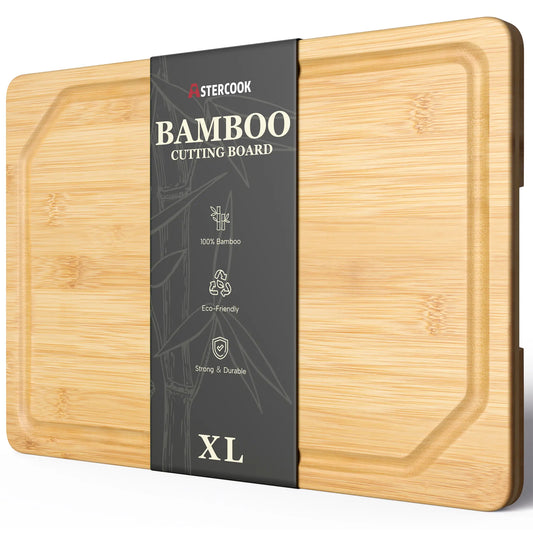 Astercook Bamboo Cutting Board for Kitchen, Large Natural Wood Chopping Board with Juice Groove and Built-in Handles, Knife-Friendly Charcuterie Board for Meat, Vegetables, Fruit and Cheese 12" x 17"